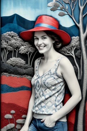  (photographic artwork) (((monochrome  image 70s style black and white) and red ), indigo background)  a full-body  portrait  of a grinning  lady with a red hat in a zoo, dark palette , transparent  fading,  resolution and contrast and colour contrast,  intricately textured and extremely subtle detailed,  detailmaster2,  side-light,  ultra quality,  fine artwork 