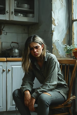 ( Concept art, masterpiece) A very sad, crying female sitting on a chair in small kitchen. A dull atmosphere, crying hopelessness,  duotoned colouring gray/grayish green , dark palette,  strobe lighting