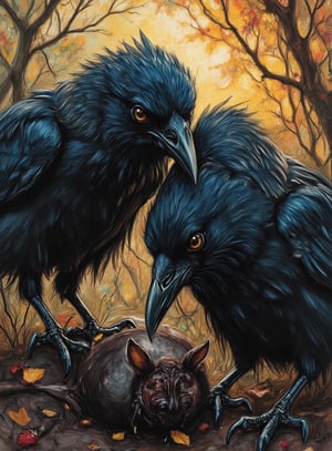 (((Coloured Pencil drawing, masterpiece)))_(((crows picking on dead bats in the early morning:1.7)))_volumetric lighting, dramatic atmosphere, dark palette, 28mm, t1/250, f14,  deep focus, high resolution and contrast and colour contrast,  intricately textured and extremely subtle detailed,  detailmaster2, side-light,  ultra quality,  fine artwork , Raw Photo