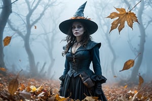 (((Art photography,  masterpiece)))_(((in a photorealistic foggy Autumn landscape of end  october meet a witch and Jack among dead leaves everywhere,  in the style of National Geographic)))_dark palette, dramatic  atmosphere, naturalistic colouring with a blue/grey touch, volumetric lighting,  intricately textured and extremely subtle detailed,  detailmaster2,  ultra quality,  pastel art,  fine artwork , epic vision,  deep focus 