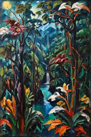 (Oil painting- Surrealistic rainforest scenery, Max Ernst's style) _ (abstract features brought together to plant- like structures:1.5)_( in the trees orchids and birds) extra dark palette, dark greens and dark browns, teal, white , dramatic lightning,  high resolution and contrast and colour contrast,  intricately textured and extremely subtle detailed,  detailmaster2,  ultra quality,  fine artwork detail XL