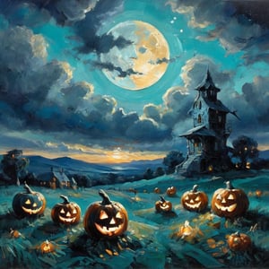 (((Colour painting)_(((Art painting, masterpiece)))_(((the painting of a Screwdraw, a Jack-o-lantern and the ghost of Jack at samhain by night:1.7)))_(((background, grassy plain all over in teal/indigo/tan:1.3)))_(((in the sky fantastically formed clouds:1.3)))_volumetric lighting, dramatic atmosphere, dark palette, 28mm, t1/250, f14,  deep focus, high resolution and contrast and colour contrast,  intricately textured and extremely subtle detailed,  detailmaster2, side-light,  ultra quality,  fine artwork , Raw Photo