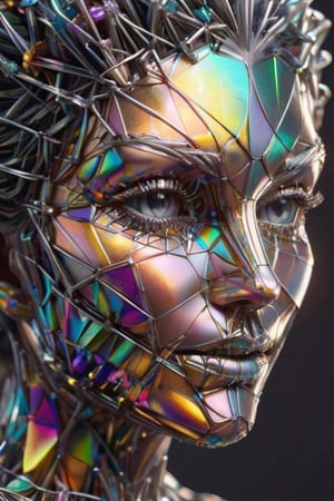 (Line Art), an entanglement of coated wire forming a grinning face, 4k rendered, high quality, detailmaster2,  deep focus,  ,colorful,Rave Metallic Booty Shorts,ral-bismut, blush glass background 
