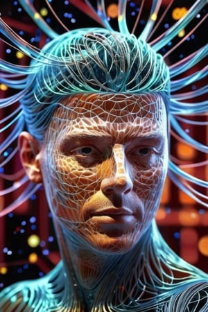 (Line Art), a chaotic entanglement of glass wire forming a proud man's head, ultra-detailed,  8k rendered,  detailmaster2 , scarlet background,  ,3D Mesh,3D mesh digital Matrix,Amidst the dynamic world of 3D design,crystalz,Movie Still,Colorful Binary Code Energy,xlinex