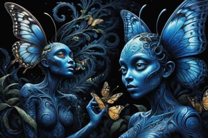 (Comic  Art) an Alien with a blue swirled skin and amazing empathy for living organisms dances together with a butterfly,  dark palette, high  resolution and contrast and colour contrast,  intricately textured and extremely subtle detailed,  detailmaster2,  side-light,  ultra quality,  fine artwork 