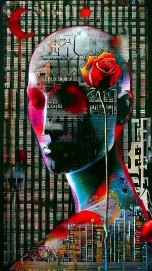 A dramatic surrealist All-Rose Digital Painting, in Max Ernst's style,  on different papers, different looks, different colours, intricately textured, structured and detailed,  deep focus, deep contrast, clear outlines, detailmaster2,  backlight, bright-scarlet-grey background, dark palette,ral-polygon, in the style of esao andrews