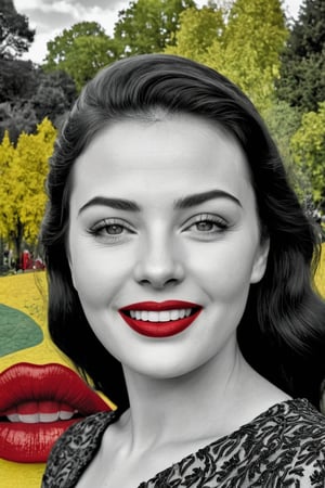  (photographic artwork, masterpiece) (((monochrome  image 40s style black and white) and red ), yellow hue to the background)  a full-body  portrait  of a grinning  lady with dark red lipstick coloured lips in a parc , dark palette , transparent  fading,  resolution and contrast and colour contrast,  intricately textured and extremely subtle detailed,  detailmaster2,  side-light,  ultra quality,  fine artwork 