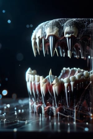 A ballet  of prothetic zirkonium teeth and natural teeth on stage, solo is one big white tooth,  a surrealistic scenery, cinematic, Zirkonium Matrix, moody lighting, studio light teeth in the background ,depth of field, deep focus,3D Mesh,dissolving into pixels
