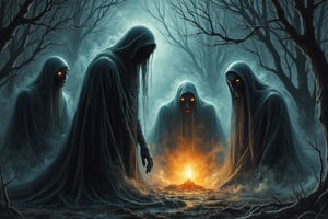 (((Coloured Pencil drawing, masterpiece)))_(((Jack's ghost meeting other ghosts in the early morning:1.7)))_volumetric lighting, dramatic atmosphere, dark palette, 28mm, t1/250, f14,  deep focus, high resolution and contrast and colour contrast,  intricately textured and extremely subtle detailed,  detailmaster2, side-light,  ultra quality,  fine artwork , Raw Photo