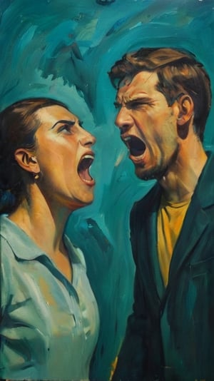 An expressive  scenery of1 man and 1 woman yelling at each other, dark palette, teal/yellow background,  high contrast,  detailmaster2,  side-light,  ultra quality ,expressionist painting