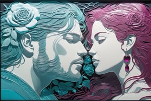 (Glass- Etching), an intricately worked Glss-etching of a loving pair,(1woman,1man)long hair, looking at viewer,  hair ornament,  eyes, jewelry, closed mouth, flower, earrings, hair flower,  rose, portrait, reflection, mirror, realistic, <Glass>-<etched lines> Mix, turquoise backlight , fuchsia side-light, 30th style, dazr3pl1ca