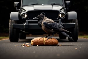 (((Black&white photography)))_(((Colour photography)))_(((Art photography, masterpiece)))_((( a naturalistic epic full-body view of a corvus corone cornix/Hooded  crow putting an old bread loaf before the wheels of a starting car1.7))), volumetric lighting,  dark palette, 28mm, t1/250, f14,  deep focus, high resolution and contrast and colour contrast,  intricately textured and extremely subtle detailed,  detailmaster2, side-light,  ultra quality,  fine artwork , Raw Photo