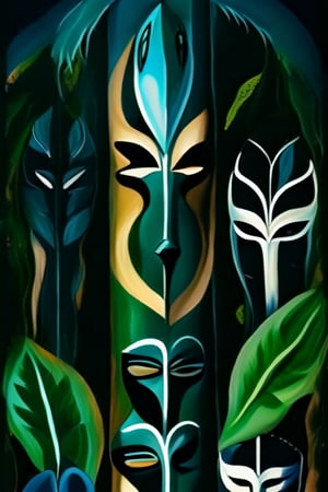 (A totem dance in rainforest around a masked tree with cut in masks  of gods and demons:1.6),BREAK,(masked with demonesc wood masks, men and women dancing together around the tree:1.2),BREAK, (dark greens, browns, grays, yellows and muted colours:1.2), intense atmosphere, action, elegant deep focus, detailmaster2,  strobe lighting, concept art, ultra quality,  fine artwork 