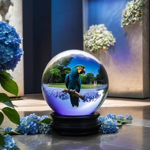 (((Black and white photography )))_(((Art photography, masterpiece)))_( A large round translucent concrete crystal  ball filling the image, lying on a museum floor  reflecting a blue mawcaw parrot ,a light-violet hydrangea  in divergent perspective:1.7)_(black and white  surroundings:1.2),  dark palette, 28mm, t1/250, f14,  high resolution and contrast and colour contrast,  intricately textured and extremely subtle detailed,  detailmaster2,  side-light,  ultra quality,  fine artwork , Raw Photo