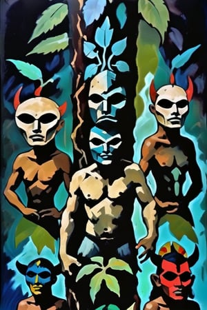 (A totem dance in rainforest around a masked tree with cut in masks  of gods and demons:1.6),BREAK,(masked with demonesc wood masks, men and women dancing together around the tree:1.2),BREAK, (dark greens, browns, grays, yellows and muted colours:1.2), intense atmosphere, action, elegant deep focus, detailmaster2,  strobe lighting, concept art, ultra quality,  fine artwork 