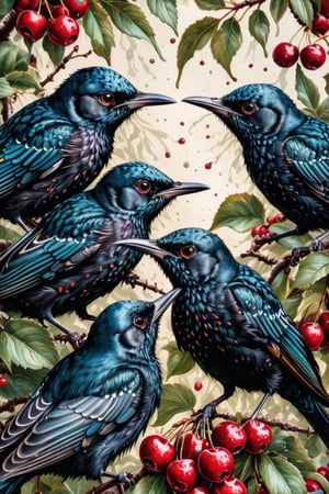 (Acrylic painting) A hungry flock of starlings fall in  a green leaved cherry tree to attack ripe cherries,   dark vivid palette,  high resolution and contrast and colour contrast,  intricately textured and extremely subtle detailed, epic view,   detailmaster2,  side-light,  ultra quality,  fine artwork ,ais-acrylicz,acrylic painting,more detail XL,3D Render Style,3DRenderAF,abstract narrative,Pomological Watercolor