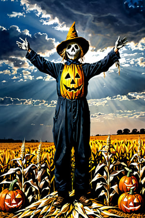 (((Colour photography)_(((Art photography, masterpiece)))_(((the photograph of Jack as Scarecrow within a dry corn field:1.7)))_(((a Jack-o-lantern:1.5)))_(((and the ghost of Jack at samhain by night:1.3)))_(((background, grassy plain all over in naturalistic colouring:1.3)))_(((in the sky fantastically formed clouds:1.3)))_volumetric lighting, dramatic atmosphere, dark palette, 28mm, t1/250, f14,  deep focus, high resolution and contrast and colour contrast,  intricately textured and extremely subtle detailed,  detailmaster2, side-light,  ultra quality,  fine artwork , Raw Photo