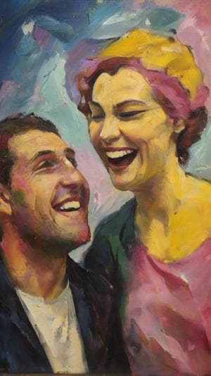 An expressive  scenery of1 man and 1 woman laughing at each other, dark palette, painted in tertiary colours,  pink/yellow background,  high contrast,  detailmaster2,  side-light,  ultra quality ,expressionist painting,palette knife painting,DonMD1g174l4sc3nc10nXL 