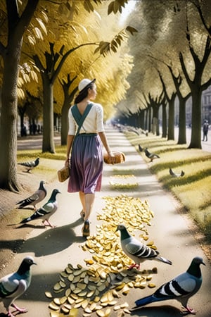 (Art photography) (an icarus woman feeds pigeons with bread pieces:1.9),  (at a very crowded place in Hamburg:1.3), dark  palette,  high resolution and contrast and colour contrast,  intricately textured and extremely subtle detailed,  detailmaster2,  side-light,  ray tracing shadows,  ultra quality,  fine artwork 