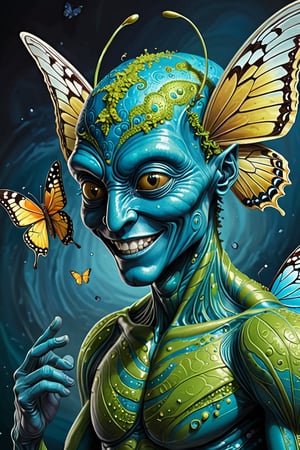 (Comic  Art) a male Alien with a swirled skin and amazing friendly, smiling face and empathy for living organisms dances together with a butterfly,  dark palette, high  resolution and contrast and colour contrast,  intricately textured and extremely subtle detailed,  detailmaster2,  side-light,  ultra quality,  fine artwork,sad looking,tears,sorrowful