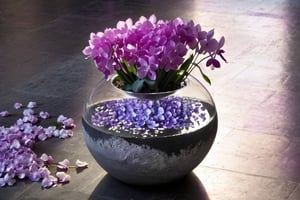 (((Black and white photography )))_(((Art photography, masterpiece)))_( A large round translucent concrete crystal  vase filling the image, lying on a museum floor with cyclamen  ,a light-violet hydrangea  in divergent perspective:1.7)_(black and white  surroundings:1.2),  dark palette, 28mm, t1/250, f14,  high resolution and contrast and colour contrast,  intricately textured and extremely subtle detailed,  detailmaster2,  side-light, volumetric  lighting, ultra quality,  fine artwork , Raw Photo