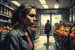 A coloured pencils sketch  of a woman doing her daily 
shopping  in a small supermarket , high resolution and contrast,  intricately textured and extremely expressive,  epic view,  deep focus,  depth of field,  detailmaster2,  side-light,  ray tracing shadows,  ultra quality ,charcoal drawing,charcoal \(medium\)