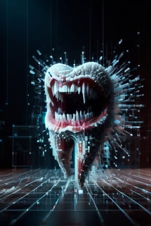 A ballet  of prothetic zirkonium teeth and natural teeth on stage, solo is one big white tooth,  a surrealistic scenery, cinematic, blush Matrix, moody lighting, studio light teeth in the background ,3D Mesh,dissolving into pixels