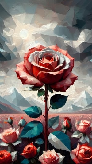 A dramatic surrealist All-Rose Digital Painting, in Max Ernst's style,  on different papers, different looks, different colours, intricately textured, structured and detailed,  deep focus, deep contrast, clear outlines, detailmaster2,  backlight, scarlet-grey background, dark palette,artistic oil painting stick,ral-polygon