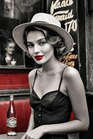  (photographic artwork, masterpiece) (((monochrome  image 40s style black and white) and red ), yellow hue to the background)  a full-body  portrait  of a grinning  lady with dark red lipstick coloured lips wearing a small straw hat in a parc , dark palette , transparent  fading,  resolution and contrast and colour contrast,  intricately textured and extremely subtle detailed,  detailmaster2,  side-light,  ultra quality,  fine artwork 