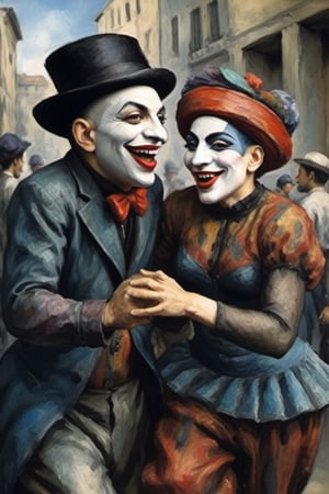 (Oil painting,  masterpiece Picasso style) dramatic scene 2 angry grinning Harlekin in ceckered costumes dancing on a marketplace , first person view,  dark palette, watercolor like colouring, high resolution and contrast and colour contrast,  intricately textured and extremely subtle detailed,  detailmaster2,  side-light,  ultra quality,  fine artwork 