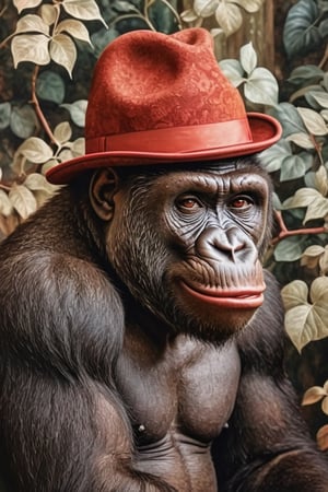  (photographic artwork) ((monochrome  image 70s style black and white) and red)  a full-body  portrait  of a grinning  gorilla with a red hat in a zoo, dark palette , transparent  fading,  resolution and contrast and colour contrast,  intricately textured and extremely subtle detailed,  detailmaster2,  side-light,  ultra quality,  fine artwork 