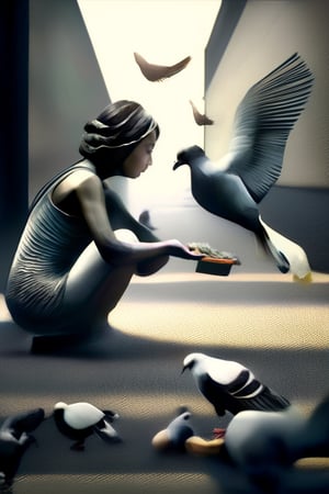 (Art photography) (an icarus woman feeds pigeons with bread pieces:1.9),  (at a very crowded place in Hamburg:1.3), dark  palette,  high resolution and contrast and colour contrast,  intricately textured and extremely subtle detailed,  detailmaster2,  side-light,  ray tracing shadows,  ultra quality,  fine artwork 