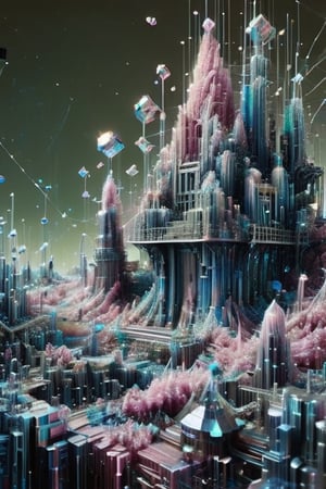 (Photography Artwork), APhotography in National  Geographic  style of a town made of bismuth crystals, bismuth crystal colours, pink,lime, blue ,  plastic wrapped wire, inside pixeled world, cinematic, volumetric lighting,  Matrix, code, 3D Mesh,dissolving into pixels,3D Mesh, metallic background , depth of field, deep focus