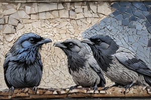 A photographic mosaic  of a hooded crow having met a common raven in a street corner to look for some eadible trash likes bones or meat, dark palette ,  high resolution and contrast and colour contrast,  intricately textured and extremely subtle detailed,  detailmaster2,  side-light,  epic view,  fine artwork ,more detail XL