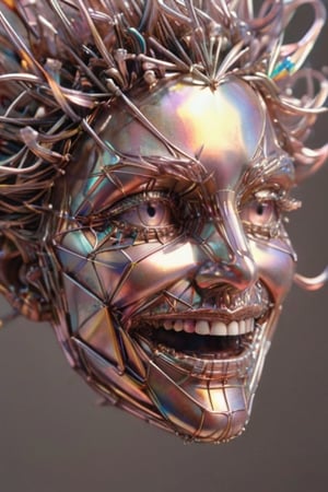 (Line Art), an entanglement of coated wire forming a grinning face, 4k rendered, high quality, detailmaster2,  deep focus, blush glass background ,fire element