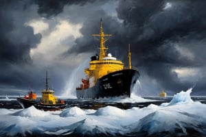 (Oil painting,  masterpiece ) dramatic scene, an ice-breaker inmidst of a storm  near the southpolar region, epic view,  dark palette,  high resolution and contrast and colour contrast,  intricately textured and extremely subtle detailed,  detailmaster2,  side-light,  ultra quality,  fine artwork 