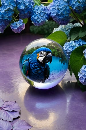 (((Black and white photography )))_(((Art photography, masterpiece)))_( A large round translucent concrete crystal  ball filling the image, lying on a museum floor  reflecting a blue mawcaw parrot infront of a light-violet hydrangea  in divergent perspective:1.7)_(black and white  surroundings:1.2),  dark palette, 28mm, t1/250, f14,  high resolution and contrast and colour contrast,  intricately textured and extremely subtle detailed,  detailmaster2,  side-light,  ultra quality,  fine artwork , Raw Photo