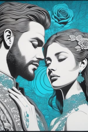 (Glass- Etching), an intricately worked Glss-etching of a loving pair,(1woman,1man)long hair, looking at viewer,  hair ornament,  eyes, jewelry, closed mouth, flower, earrings, hair flower,  rose, portrait, reflection, mirror, realistic, <Glass>-<etched lines> Mix, turquoise backlight , blush side-light, 30th style, dazr3pl1ca