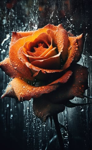 A double-exposure shows  an orange rose  through the water of  a waterfall,  dark palette,  high resolution and contrast and colour contrast,  intricately textured and extremely subtle detailed,  detailmaster2,  backlight,  ultra quality,  fine artwork ,more detail XL,photo r3al,dramaticwatercolor