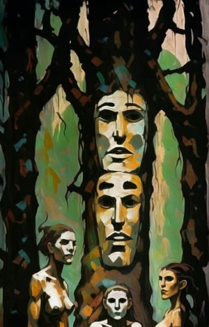 (A totem dance in rainforest around a masked tree with cut in masks  of gods and demons:1.6),BREAK,(masked with demonesc wood masks, men and women dancing together around the tree:1.2),BREAK, (dark greens, browns, grays, yellows and muted colours:1.2), intense atmosphere, action, elegant deep focus, detailmaster2,  strobe lighting, concept art, ultra quality,  fine artwork 