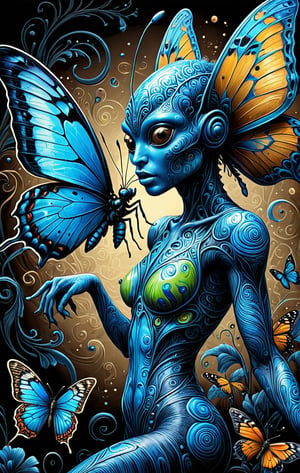 (Comic  Art) an Alien with a blue swirled skin and amazing empathy for living organisms dances together with a butterfly,  dark palette, high  resolution and contrast and colour contrast,  intricately textured and extremely subtle detailed,  detailmaster2,  side-light,  ultra quality,  fine artwork 