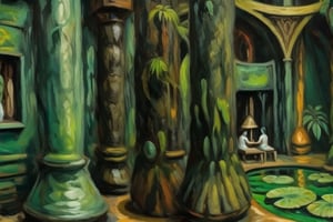 A surrealistic oil paint reminiscenting rainforest life, structures and textures intermingle, it's also concrete as fantastical, no perspective, 1 image plane view, extra dark palette of greens and browns, masterpiece,  ultra quality,  fine artwork inspired  by Max Ernst's works 