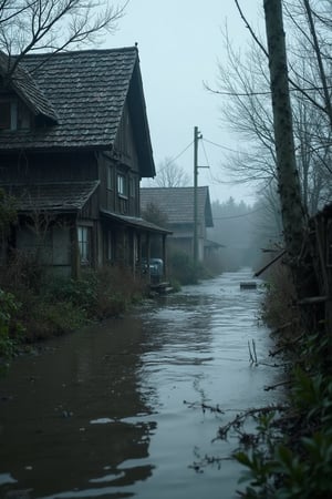 (National geographic style, masterpiece) A flooded village in Poland , for too heavy  rainfall. People  must leave overflooded houses, some can rescue themselves  in the upper etages. The wild water has taken over roads and cars. Civilization has taken a full stop. Dark palette,  greyish toned colors, epic view, dramatic lighting,  high resolution and contrast and colour contrast,  intricately textured and extremely subtle detailed,  detailmaster2,  side-light,  ultra quality,  fine artwork 