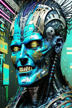 Cyberpunk
Break
Full body view
Break
side-view
Break
intrinsic mechatronic structure culminate into rest of grinning human face
Break
background cyber structures
Break
dark palette,  high resolution and contrast and colour contrast,  intricately textured and extremely subtle detailed , detailmaster2, epic view,  ray tracing shadows,  side-light, DomMG4140XL, ultra quality,  fine artwork 