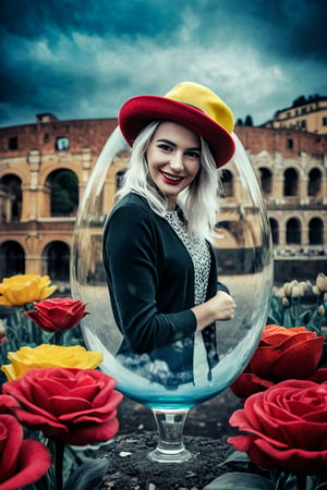  (photographic artwork, masterpiece) (((monochrome  image 80s style black and white) and red ), iyellow hue to the background)  a full-body  portrait  of a grinning  lady with a red hat in Rome, dark palette , transparent  fading,  resolution and contrast and colour contrast,  intricately textured and extremely subtle detailed,  detailmaster2,  side-light,  ultra quality,  fine artwork 