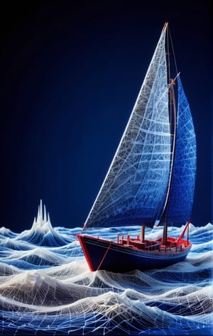 (Kirigami) a geometrically abstracted kirigami masterpiece of a boat on sea in blue, white, indigo, scarlet, black papers, dark palette,  high resolution and contrast and colour contrast,  intricately textured and extremely subtle detailed,  detailmaster2,  side-light,  ultra quality,  fine artwork , epic view