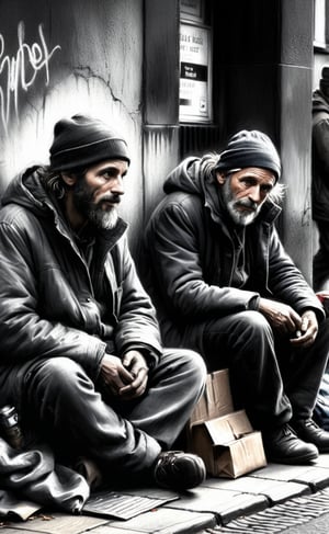 (CharcoalDarkStyle drawing) 3 homeless persons hanging around in town begging, dark palette,  high resolution and contrast and colour contrast,  intricately textured and extremely subtle detailed,  detailmaster2,  side-light,  epic,  ultra quality,  fine artwork ,CharcoalDarkStyle