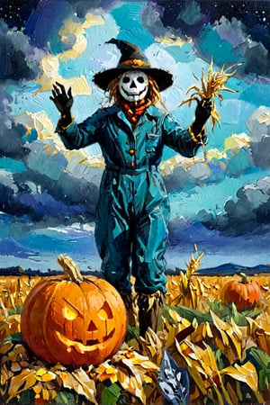 (((Colour painting)_(((Art painting, masterpiece)))_(((the painting of a Scarecrow within a dry corn field:1.7)))_(((a Jack-o-lantern:1.5)))_(((and the ghost of Jack at samhain by night:1.3)))_(((background, grassy plain all over in teal/indigo/tan:1.3)))_(((in the sky fantastically formed clouds:1.3)))_volumetric lighting, dramatic atmosphere, dark palette, 28mm, t1/250, f14,  deep focus, high resolution and contrast and colour contrast,  intricately textured and extremely subtle detailed,  detailmaster2, side-light,  ultra quality,  fine artwork , Raw Photo