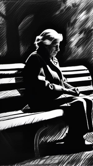 A charcoal sketch of an elderly woman sitting alone on a park bench staring into the emptiness of the day, cold atmosphere,  high resolution and contrast,  intricately textured and detailed,  detailmaster2,  side-light,  ray tracing shadows,  best quality ,charcoal drawing,CharcoalDarkStyle,charcoal \(medium\)