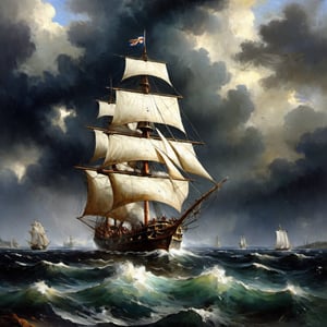 (Oil painting,  masterpiece 16s century) dramatic scene,  inmidst of a storm a cap sizing sailing ship, epic view,  dark palette,  high resolution and contrast and colour contrast,  intricately textured and extremely subtle detailed,  detailmaster2,  side-light,  ultra quality,  fine artwork 